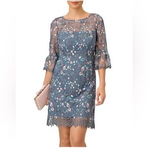 NWT Adrianna Papell Floral Embroidered Bell Sleeves Sheath Dress Gray/dusty Sz 2